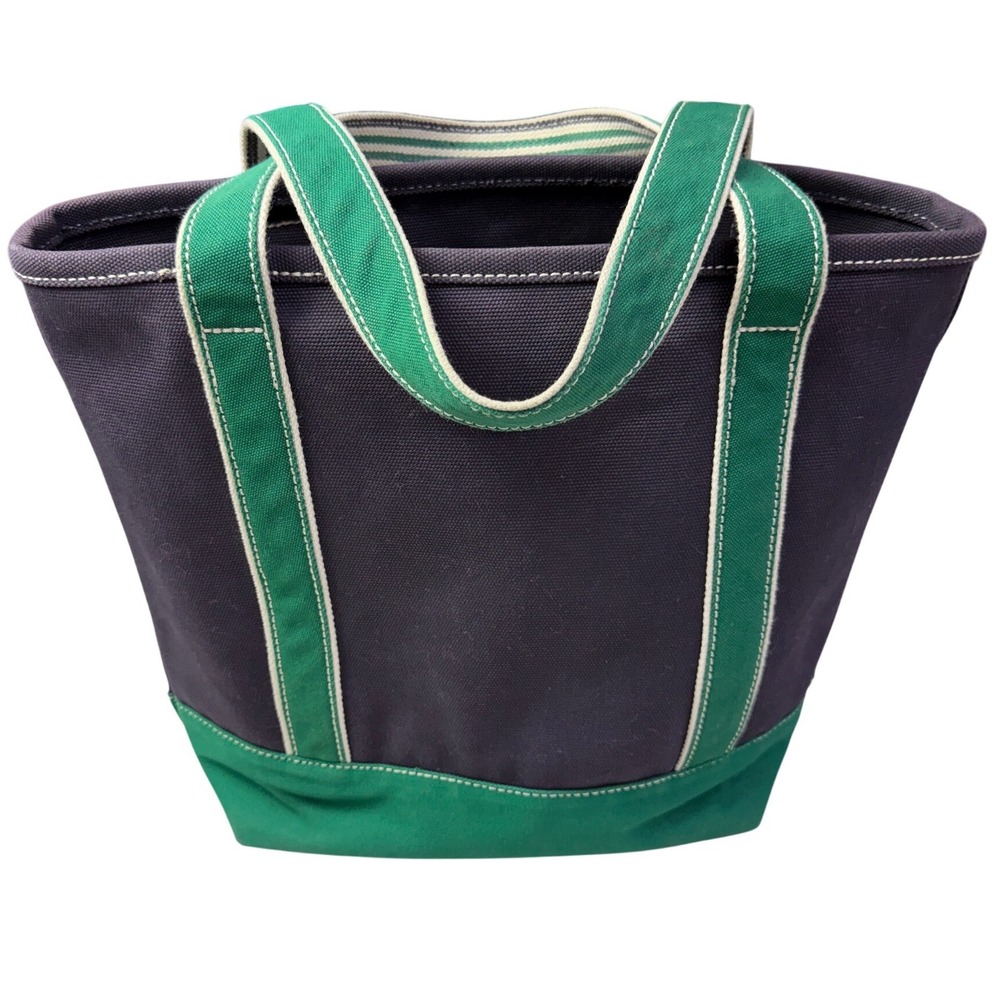 Lands End Canvas Tote Bag Navy Blue Green Cotton Open Top Pocket Key Clip 12in - Picture 3 of 10